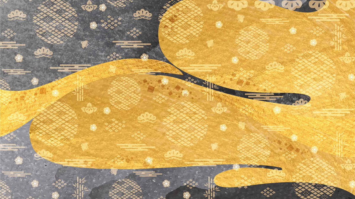 Tapet Japandi cu model abstract japonez in nuante aurii si negre cu motive traditionale - GOLD AMALGAM