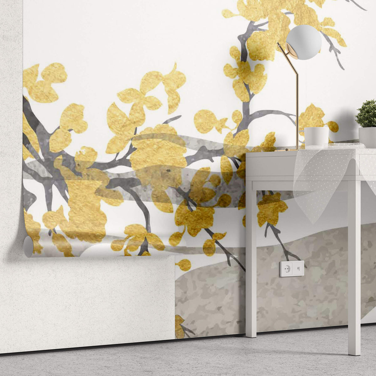 Tapet Japandi cu pruni aurii japonezi si egrete in zbor - GOLDEN PLUM BLOSSOM