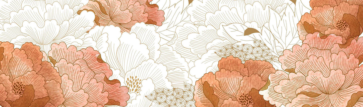 Tapet Japandi cu bujori albi si rozalii si insertii de motive japoneze - PEACHY PEONY BLOSSOM