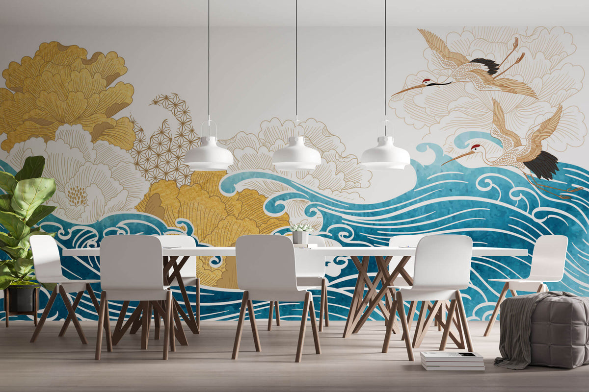 Tapet Japandi cu egrete alfate in zbor peste valurile marii si bujori infloriti - BLOSSOM JAPANESE WAVES
