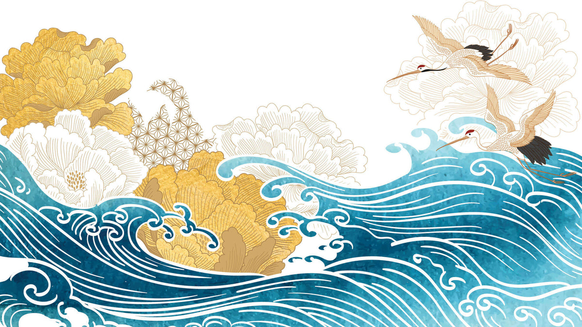Tapet Japandi cu egrete alfate in zbor peste valurile marii si bujori infloriti - BLOSSOM JAPANESE WAVES