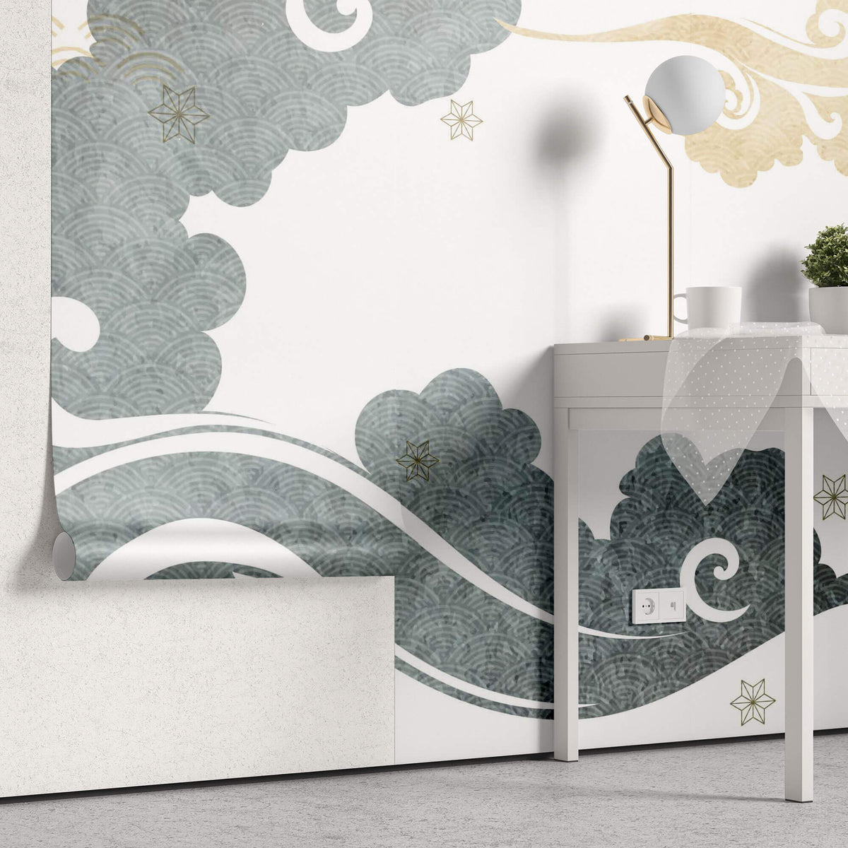 Tapet Japandi cu nori abstracti in nuante de gri si crem - SEIGAIHA WIND BLOW