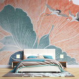 Tapet Japandi cu model floral in stil japonez si egrete in nuante rozalii - FLORAL FLIGHT