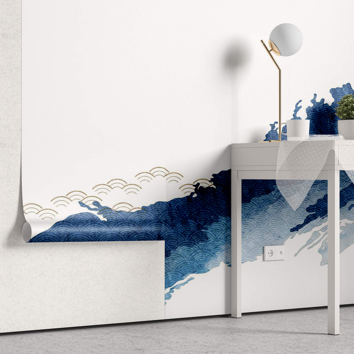 Tapet Japandi cu model abstract in nuante de albastru si motive texturate seigaiha - BLUE WATERCOLOR STROKE
