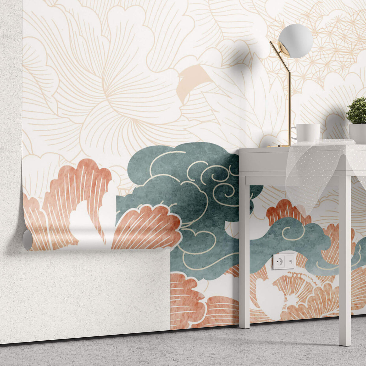 Tapet Japandi cu bujori albi si rozalii si nori - DREAMY JAPANI
