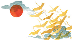 Tapet Japandi cu egrete aurii si nori cu motive japoneze seigaiha - AKAI GOLDEN CRANES