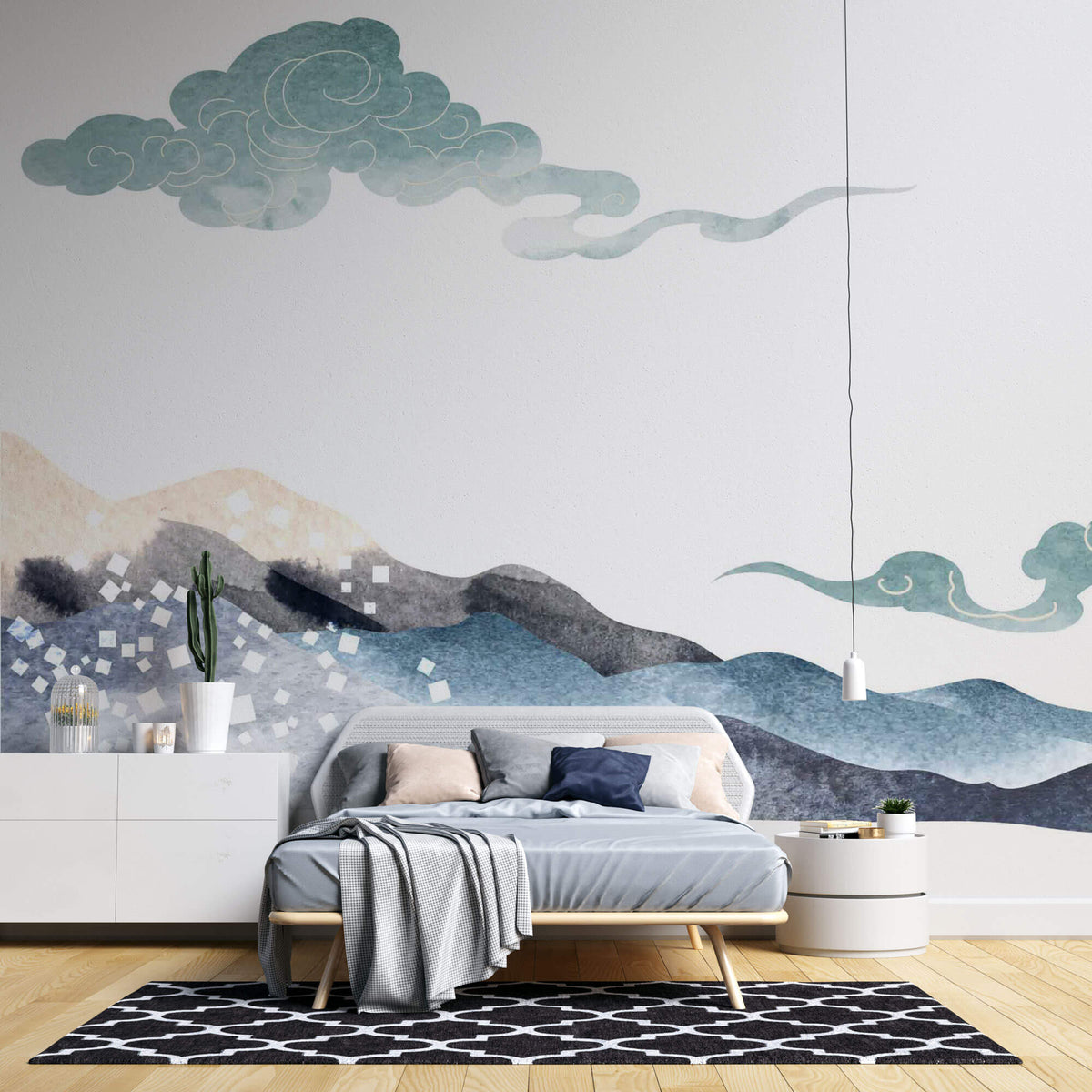 Tapet Japandi cu peisaj montan si nori abstracti ilustrati in stil japonez - SMOKEY MOUNTAINS