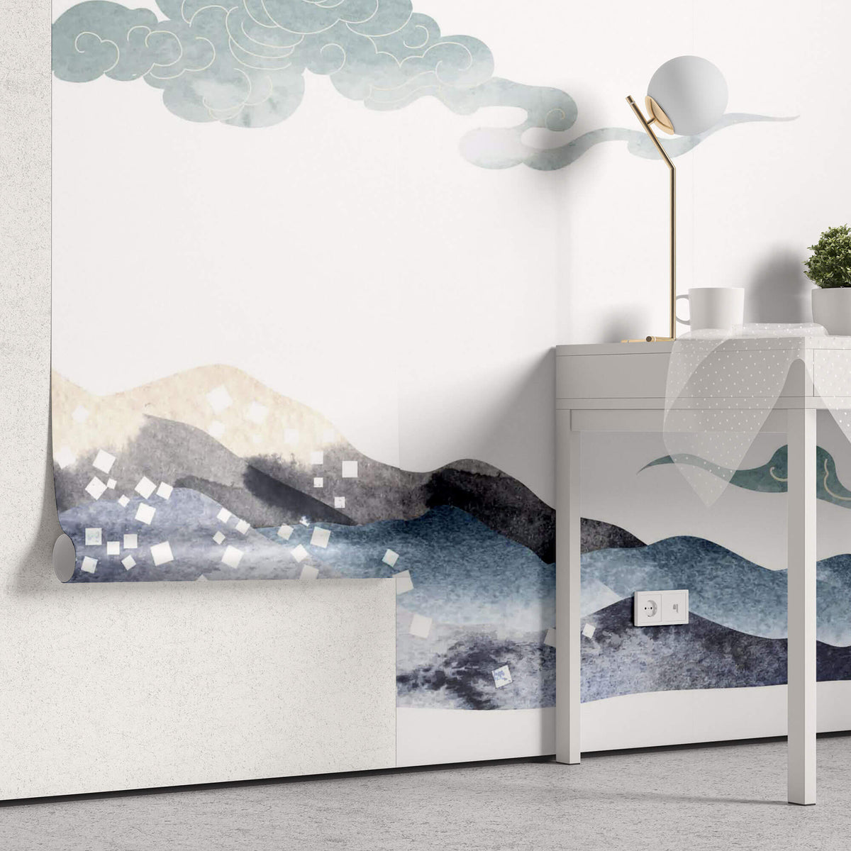 Tapet Japandi cu peisaj montan si nori abstracti ilustrati in stil japonez - SMOKEY MOUNTAINS