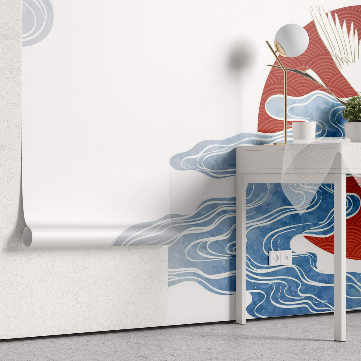 Tapet Japandi cu egrete si in zbor si elemente abstracte japoneze - FLIGHT OF FORTUNE