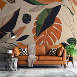 Tapet personalizat bohemian cu frunze tropicale de bananier si monstera in culori vibrante boho leaves