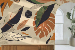 Tapet personalizat bohemian cu frunze tropicale de bananier si monstera in culori vibrante boho leaves