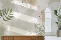 Tapet personalizat bohemian cu frunze tropicale in stil line art cu specific bohemian in nuante pastel boho line art