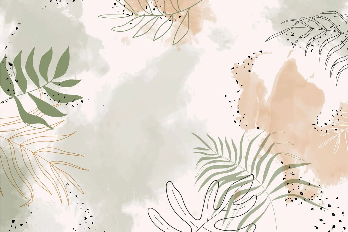 Tapet personalizat bohemian cu frunze tropicale in stil line art cu specific bohemian in nuante pastel boho line art