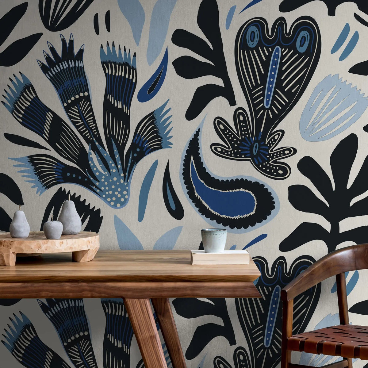 Tapet personalizat bohemian cu modele abstracte tribale in nuante de albastru tribal blue