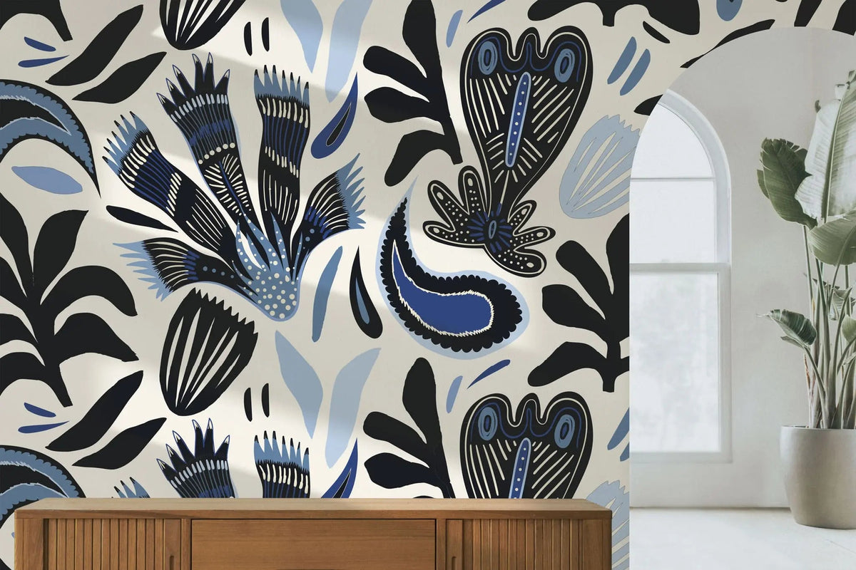 Tapet personalizat bohemian cu modele abstracte tribale in nuante de albastru tribal blue