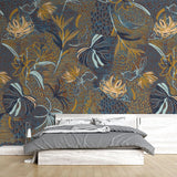 Tapet personalizat bohemian cu flori si frunze in nuante de contrast pamantii si albastre boho flower's contrast