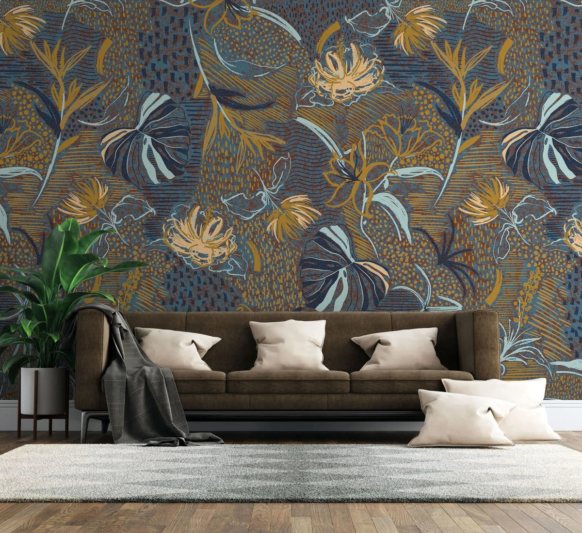 Tapet personalizat bohemian cu flori si frunze in nuante de contrast pamantii si albastre boho flower's contrast