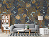 Tapet personalizat bohemian cu flori si frunze in nuante de contrast pamantii si albastre boho flower's contrast