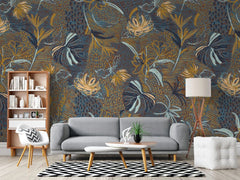 Tapet personalizat bohemian cu flori si frunze in nuante de contrast pamantii si albastre boho flower's contrast