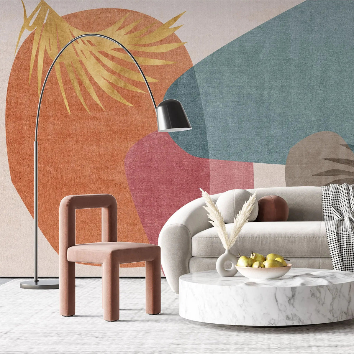 Tapet personalizat bohemian cu elemente boho in nuante oranj si albastru cu frunze aurii abstract boho orange