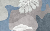 Tapet personalizat bohemian cu elemente boho in nuante de gri si albastru cu frunze albe de monstera white monstera