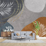 Tapet personalizat bohemian cu elemente boho in nuante de gri albastru si caramiziu cu frunze si detalii punctate boho dark brick