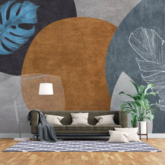 Tapet personalizat bohemian cu elemente boho in nuante de gri albastru si caramiziu cu frunze de monstera turcoaz turqoise monstera