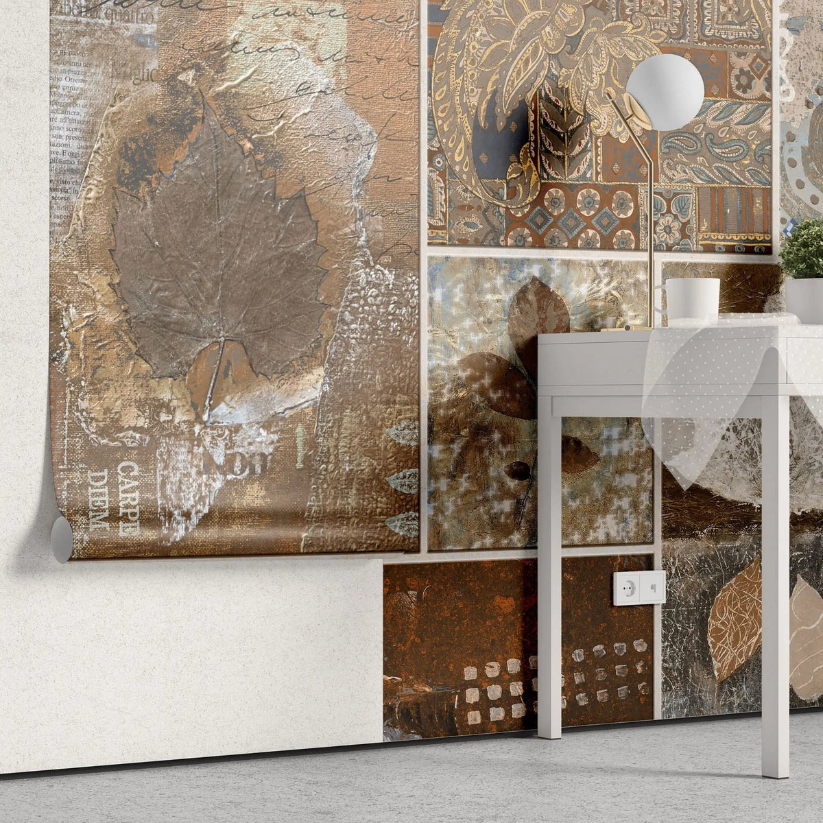 Tapet personalizat bohemian cu colaj de elemente in stil bohemian in nuante aramii boho brass collage