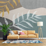 Tapet personalizat bohemian cu valuri de culoare abstracte in nuante deschise si frunze wave leaves light