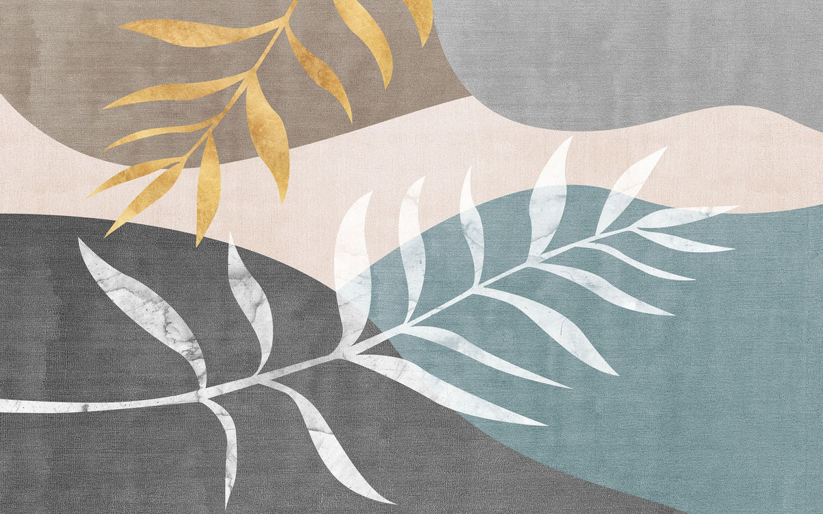 Tapet personalizat bohemian cu valuri de culoare abstracte in nuante deschise si frunze wave leaves light