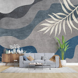 Tapet personalizat bohemian cu valuri de culoare abstracte in nuante inchise si frunze wave leaves blue