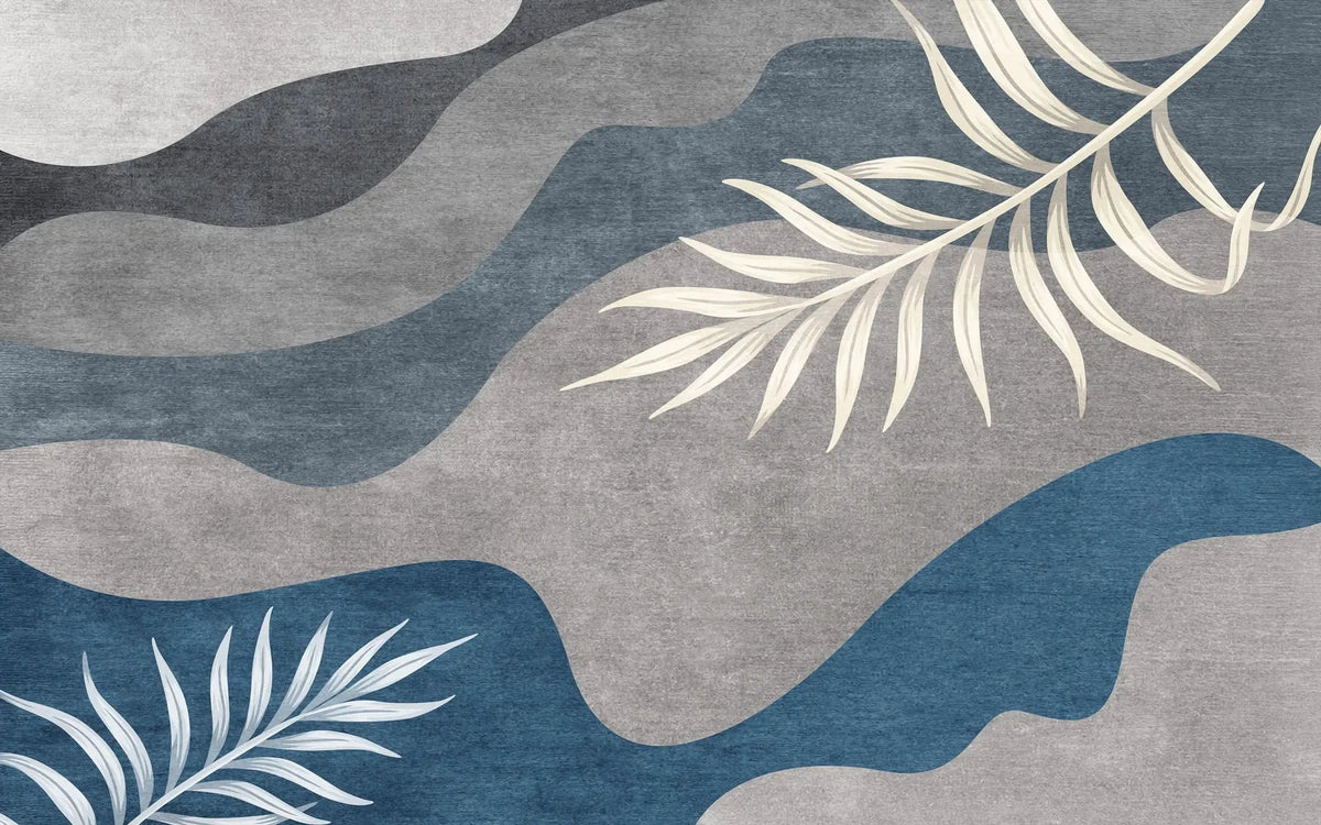 Tapet personalizat bohemian cu valuri de culoare abstracte in nuante inchise si frunze wave leaves blue