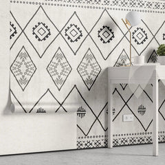 Tapet personalizat bohemian cu elemente in stil aztec in alb negru black&white aztec