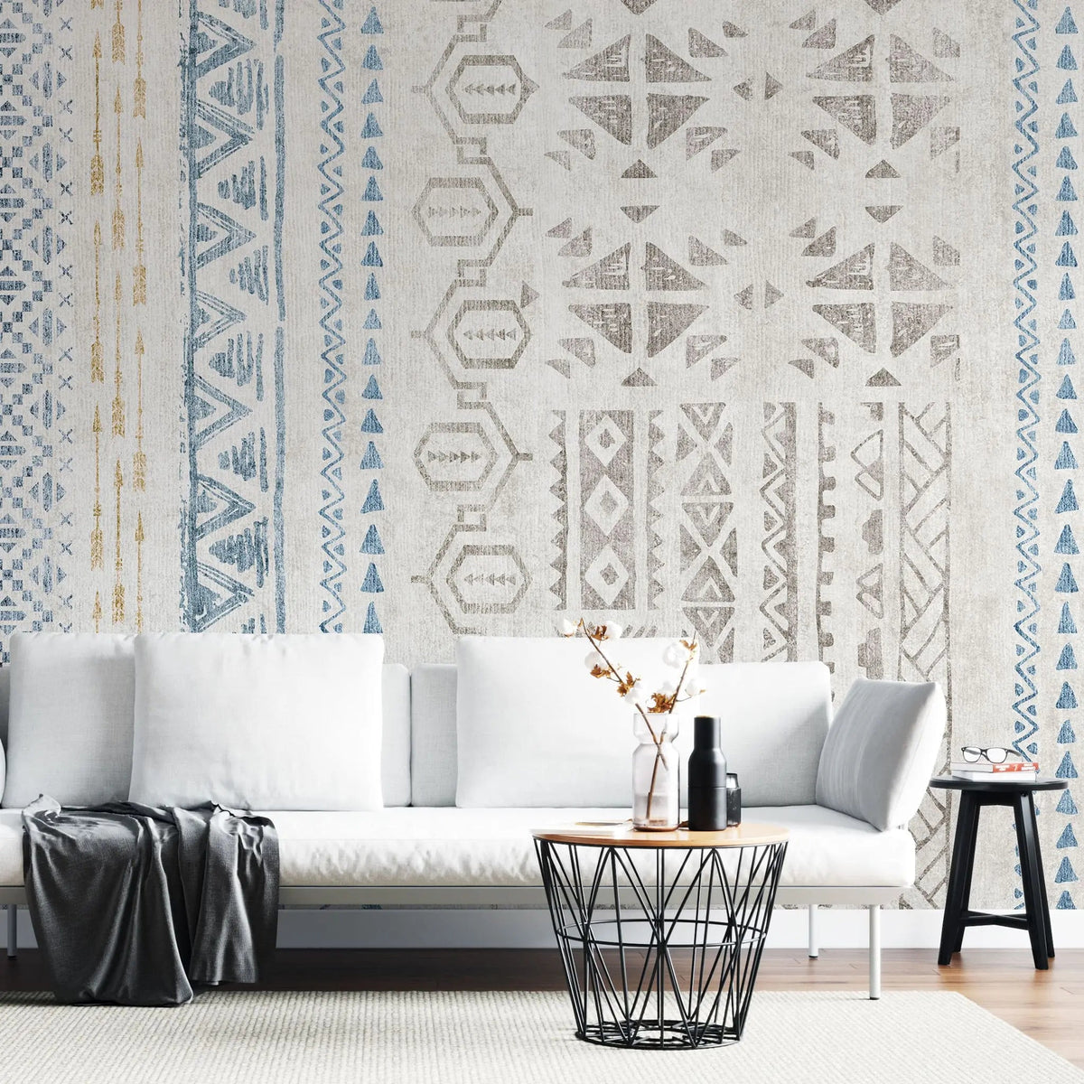 Tapet personalizat bohemian cu elemente tribale in nuante de albastru blue tribal