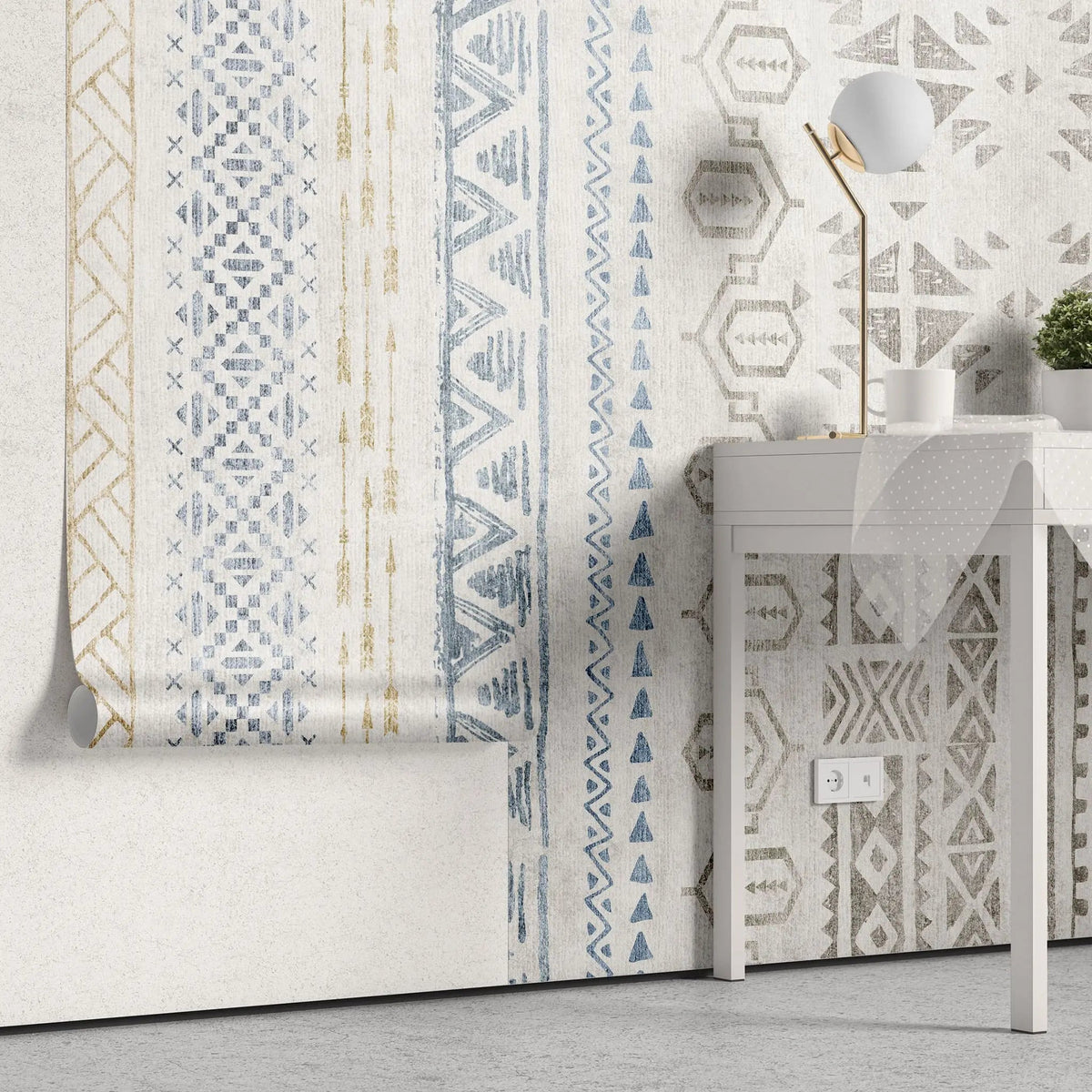 Tapet personalizat bohemian cu elemente tribale in nuante de albastru blue tribal