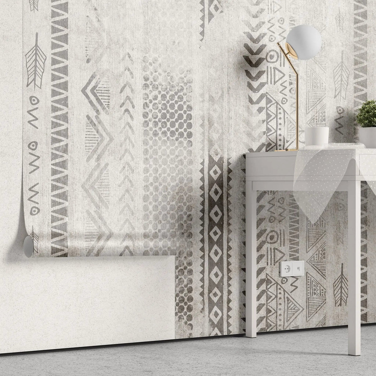 Tapet personalizat bohemian cu elemente tribale in nuante de gri grey tribal
