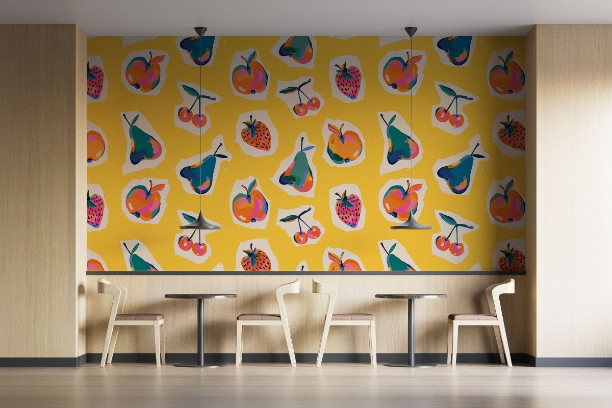 Tapet personalizat bohemian fructe retro nostalgie culoare design jucaus farmec bucatarie zona dining retro fruits