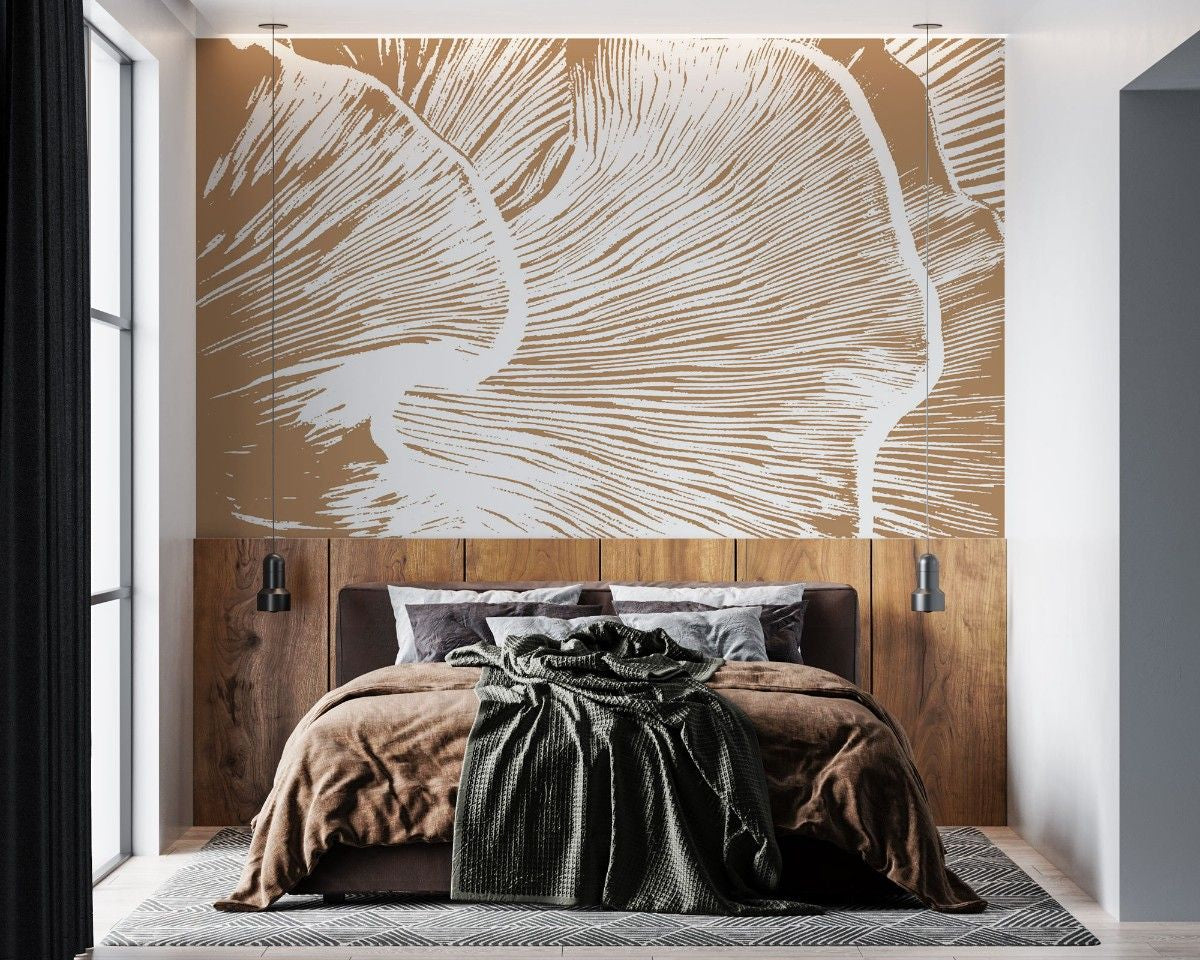 Tapet personalizat bohemian paleta inspirata ciuperca chanterelle tonuri calde organice spatiu atmosfera naturala primitoare chanterelle
