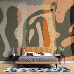 Tapet personalizat Bohemian cu elemente abstracte in nuante de portocaliu si verde kaki - BOHO SCULPTURAL