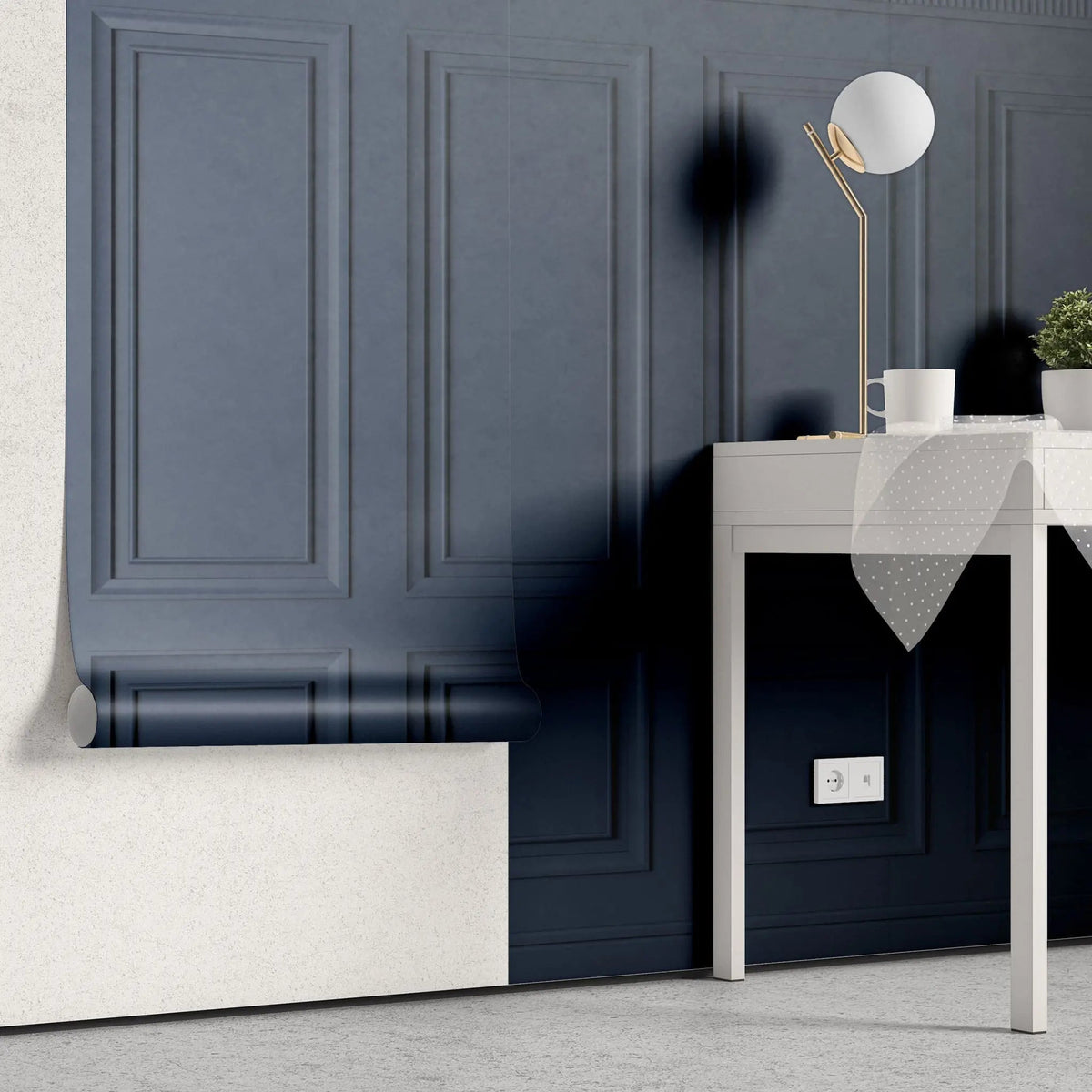 Tapet personalizat arhitectural walls cu ancadramente de perete in nuante de albastru inchis deep dark blue