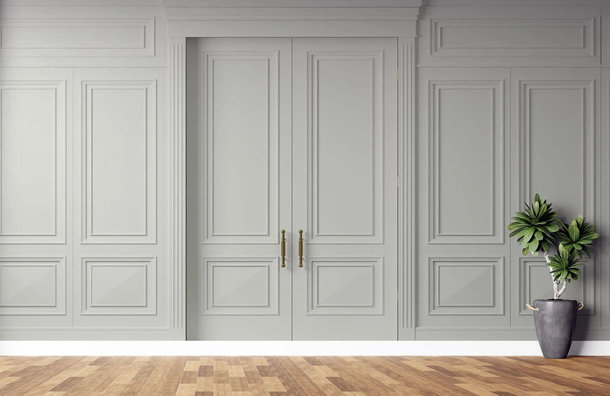 Tapet personalizat arhitectural walls cu ancadramente de perete si usi in nuante de gri deschis light grey doors