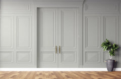 Tapet personalizat arhitectural walls cu ancadramente de perete si usi in nuante de gri deschis light grey doors