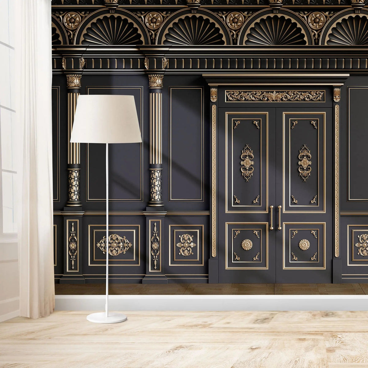 Tapet personalizat arhitectural walls cu ancadramente de perete cu usi si coloane in nunate de negru cu accente aurii golden black
