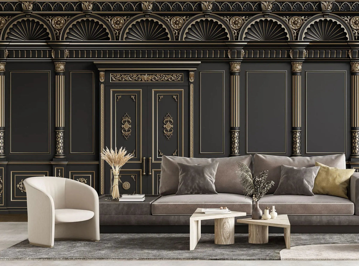 Tapet personalizat arhitectural walls cu ancadramente de perete cu usi si coloane in nunate de negru cu accente aurii golden black