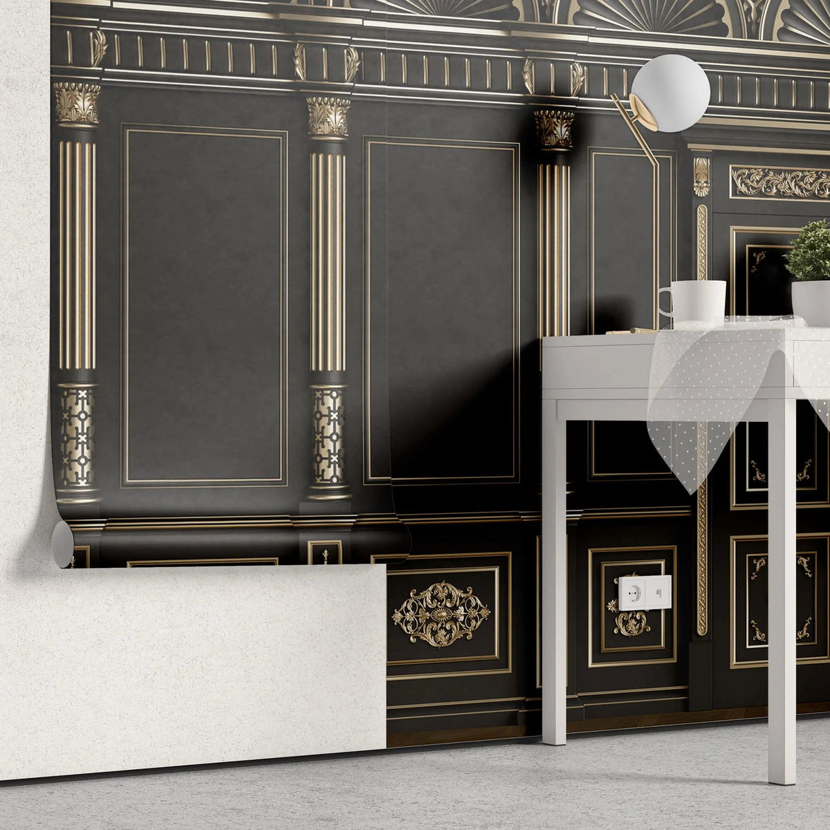 Tapet personalizat arhitectural walls cu ancadramente de perete cu usi si coloane in nunate de negru cu accente aurii golden black