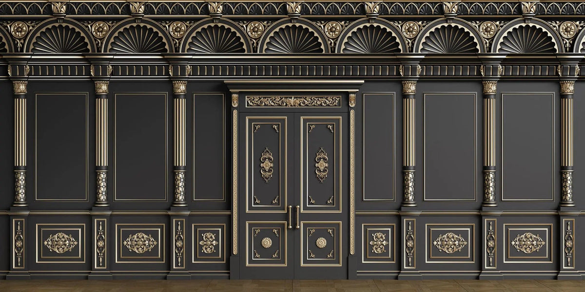 Tapet personalizat arhitectural walls cu ancadramente de perete cu usi si coloane in nunate de negru cu accente aurii golden black