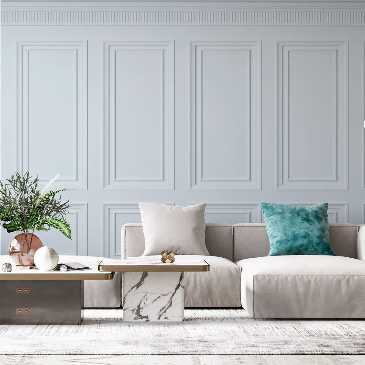 Tapet personalizat arhitectural walls cu ancadramente de perete in nuante de albastru deschis baby blue