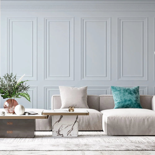 Tapet personalizat arhitectural walls cu ancadramente de perete in nuante de albastru deschis baby blue