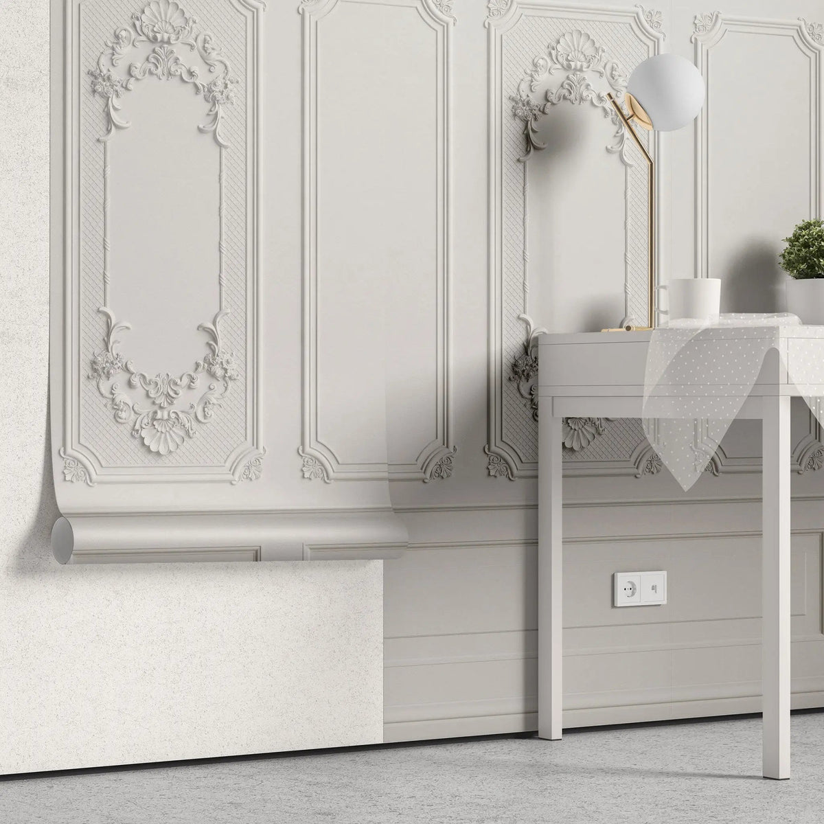 Tapet personalizat architectutral walls cu ancadramente albe si rame de oglinzi white mirror