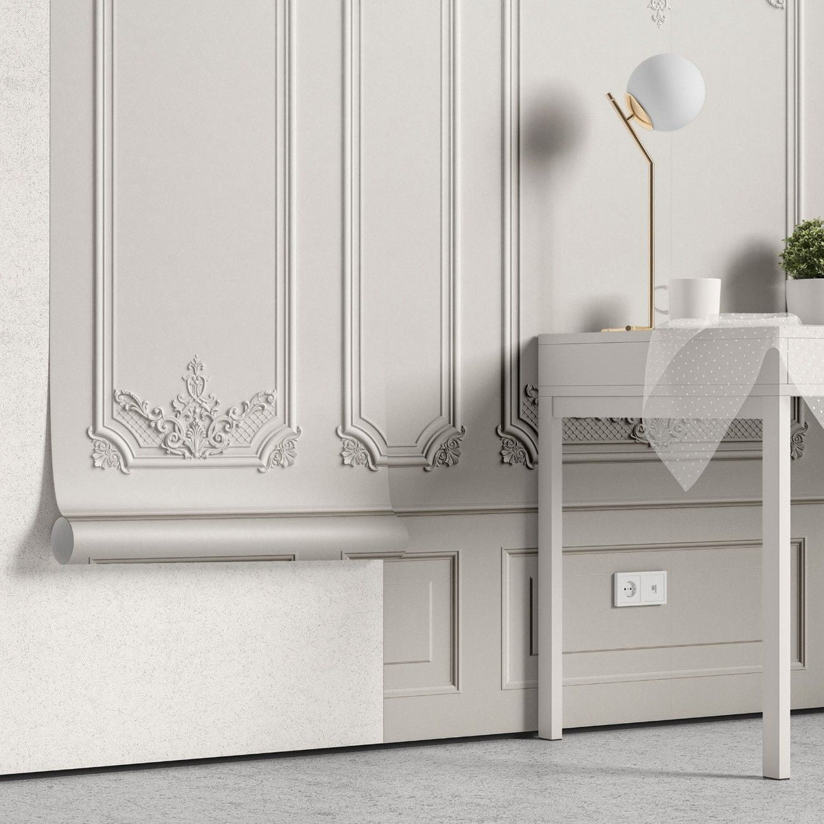 Tapet personalizat arhitectural walls lambriu elegant clasic rafinament spatiu atmosfera luminoasa atemporala white wainscot